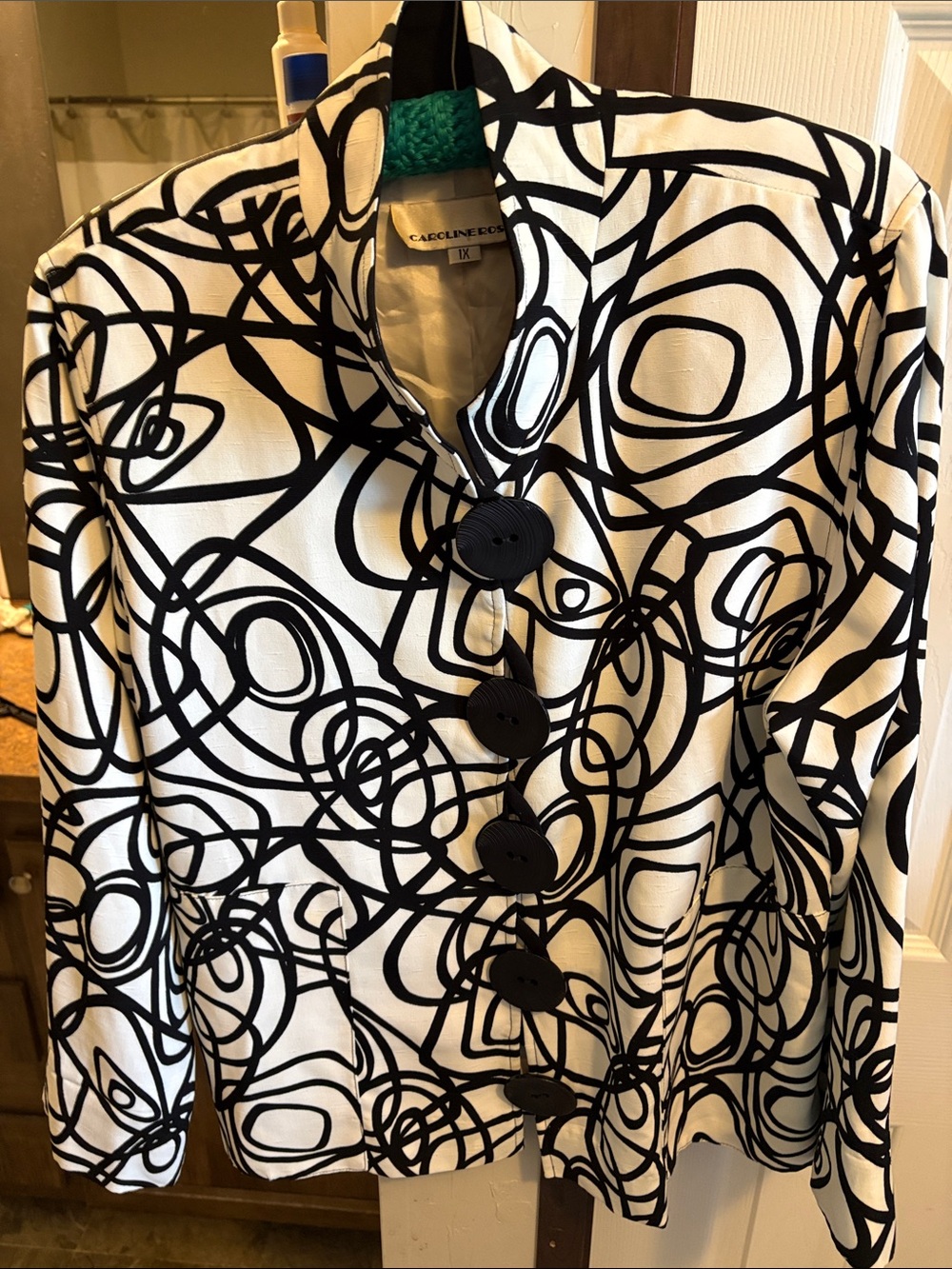 Caroline Rose Black & White Patterned Stand-Collar Jacket